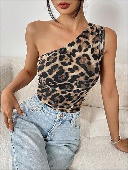 Women's Cheetah One Shoulder Tank Top Bodysuit Sleeveless Ruched Leotard best